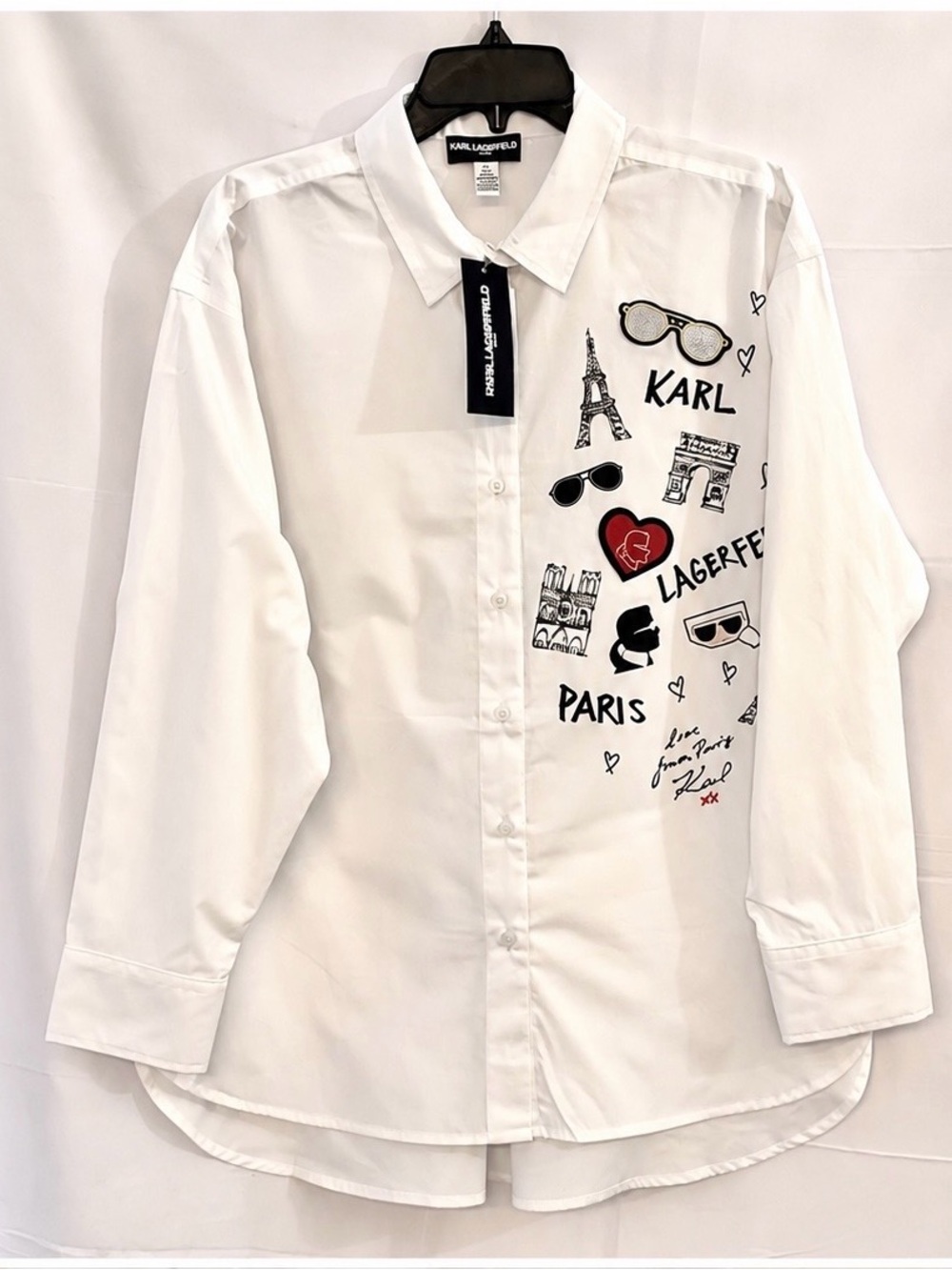 KARL LAGERFELD White Button-Down Shirt Paris Graphic Accents